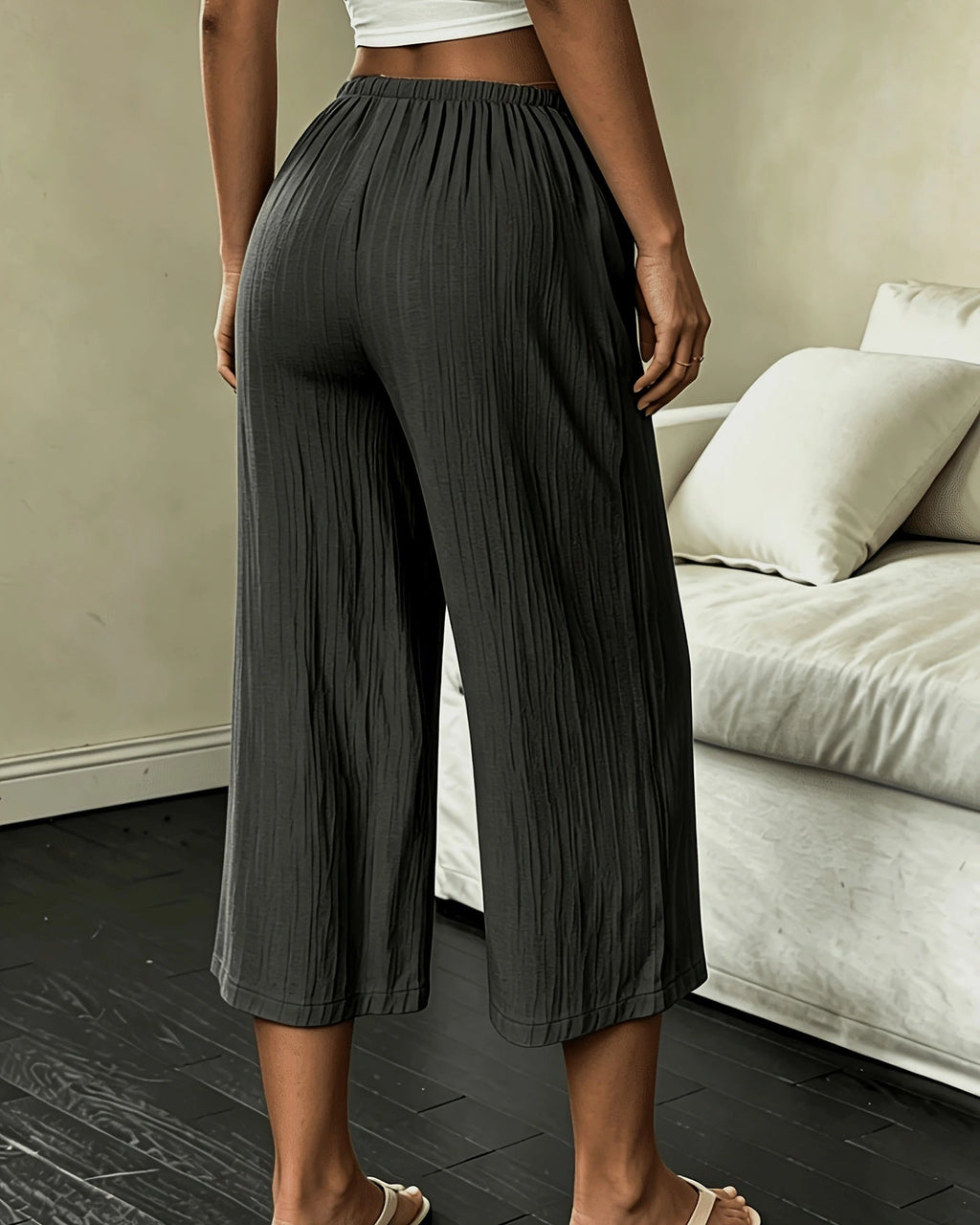 Women's Wide Leg Cropped Trousers with Elasticated Drawstring Waist – Tamsin Lou