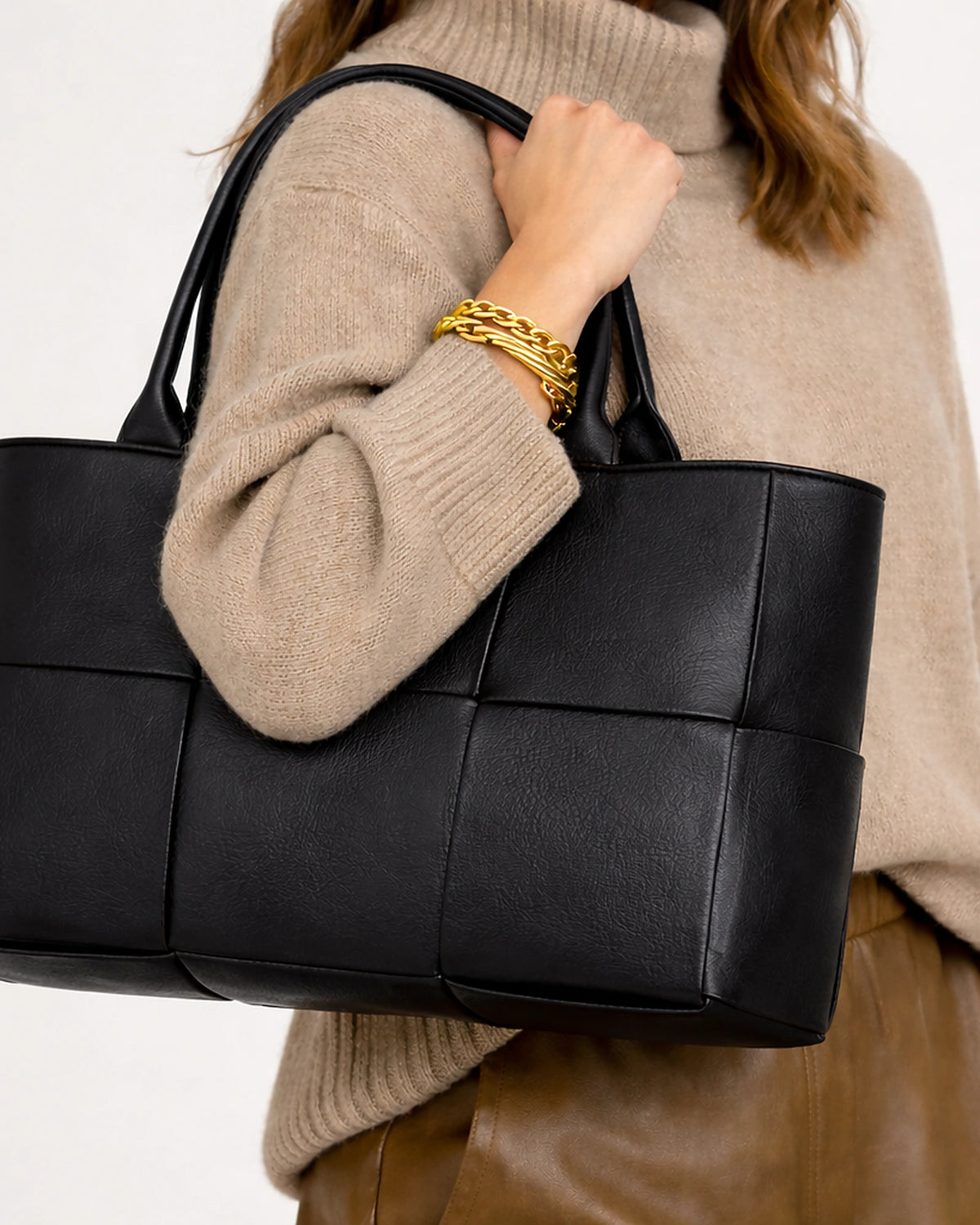 Women's Woven Faux Leather Tote Bag with Chunky Top Handles – Goldie