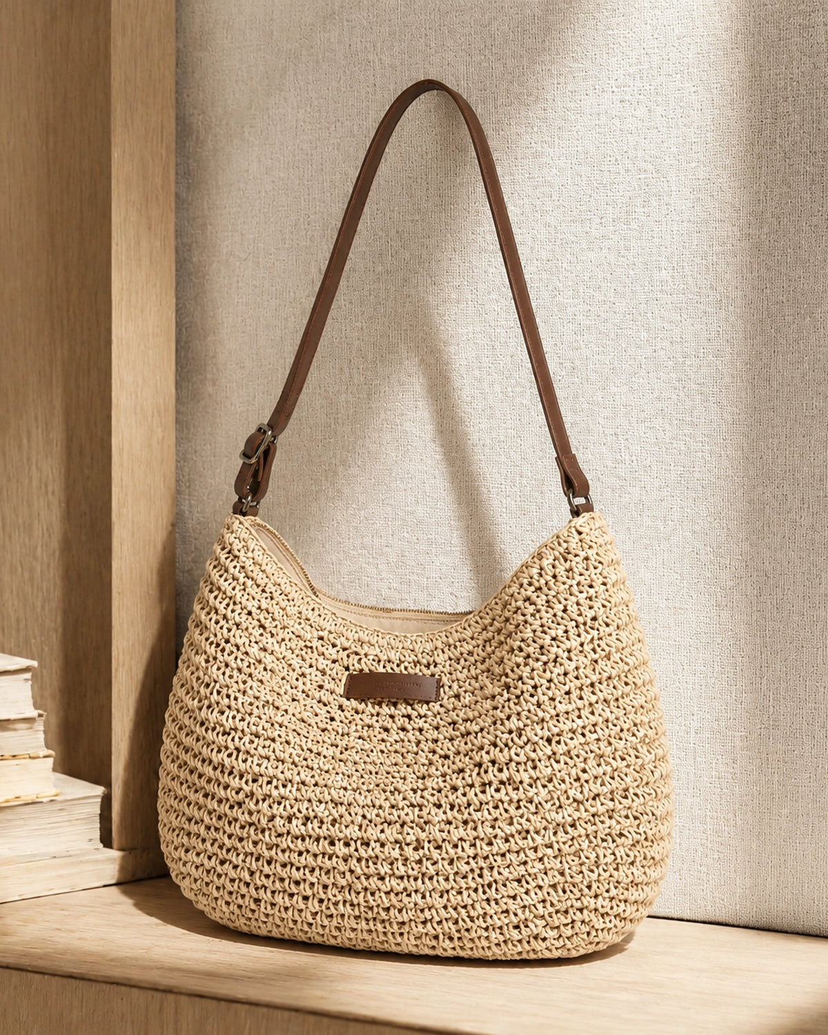 Women's Woven Hobo Beach Bag with Leather Look Adjustable Strap, Straw-Effect Finish – Naomi
