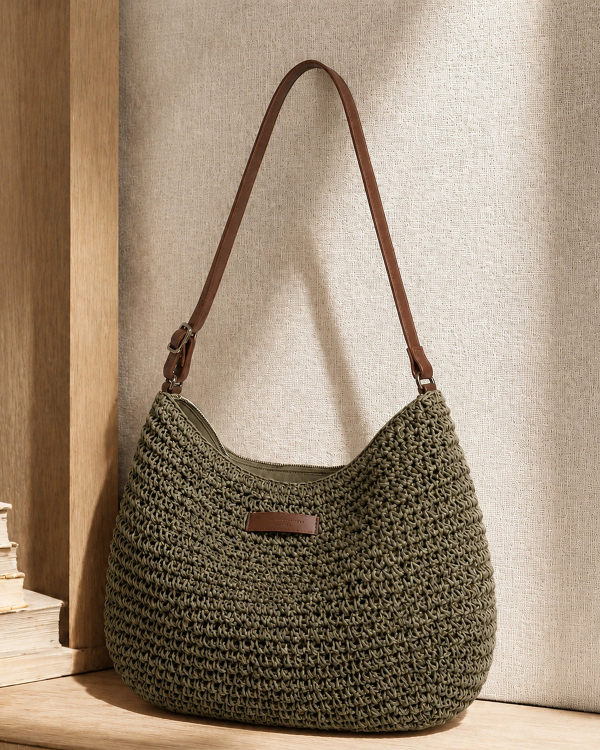 Women's Woven Hobo Beach Bag with Leather Look Adjustable Strap, Straw-Effect Finish – Naomi
