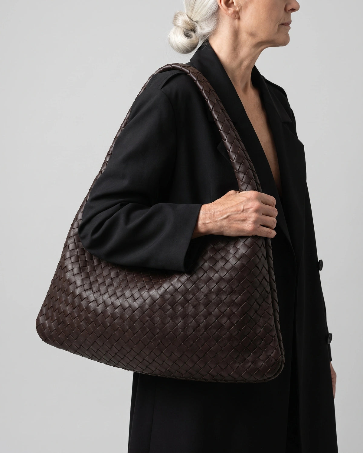 Women's Woven Shoulder Bag with Braided Top Handle, Hobo Style – Quinn Grey
