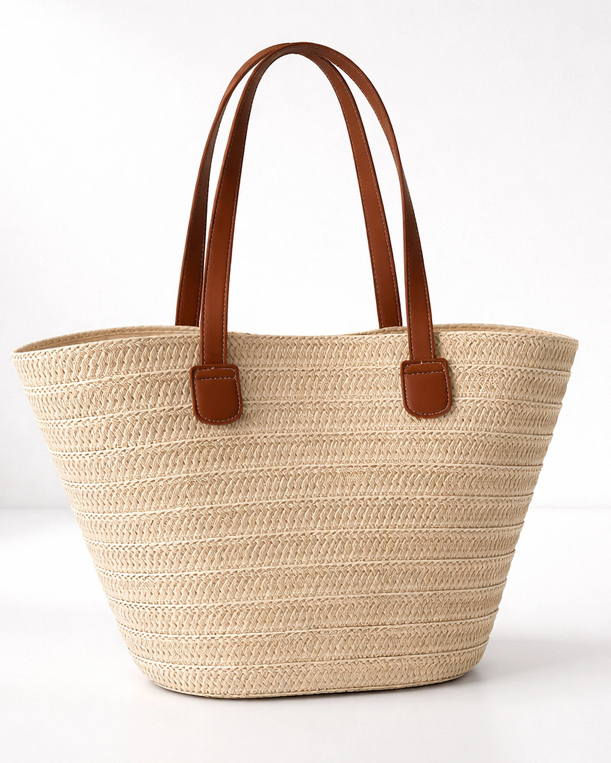 Women's Tote Bag in Woven Straw with Tan Faux Leather Handles, Summer Beach Bag – Ruby Jane