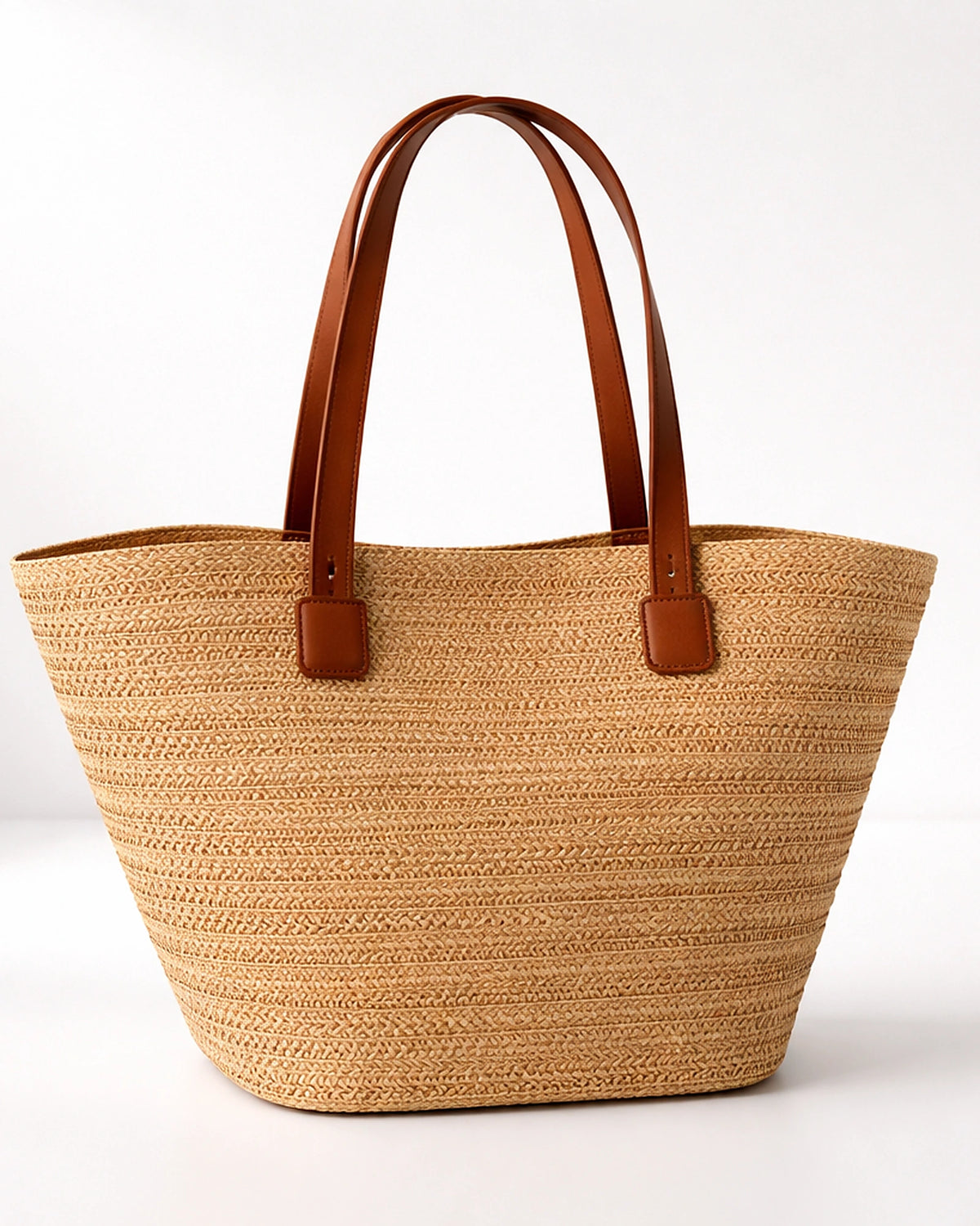 Women's Tote Bag in Woven Straw with Tan Faux Leather Handles, Summer Beach Bag – Ruby Jane