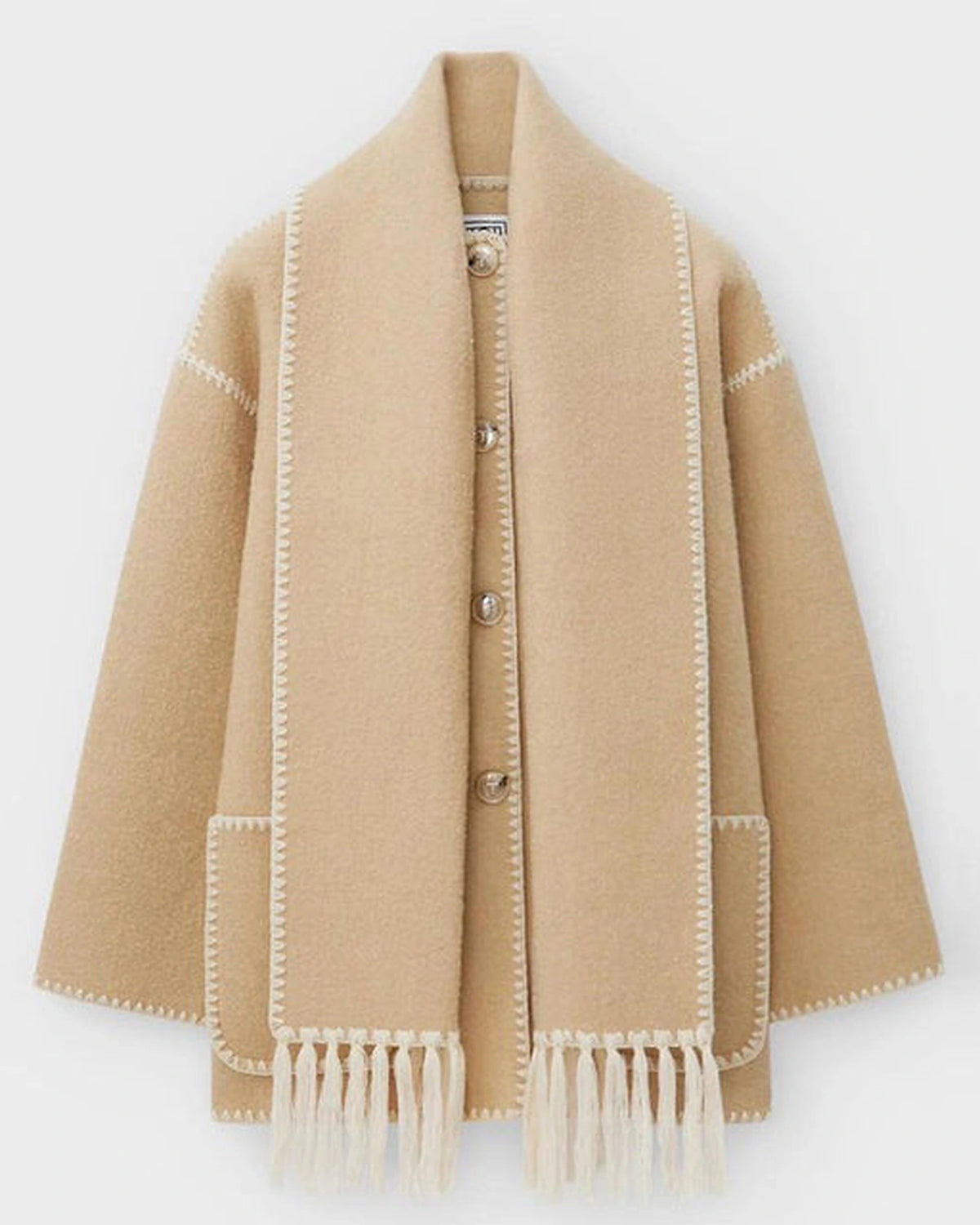 Women's Wrap Coat with Attached Scarf and Fringe Trim – Cora Jane
