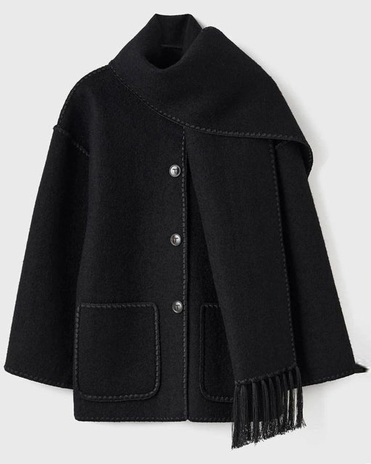 Women's Wrap Coat with Attached Scarf and Fringe Trim – Cora Jane