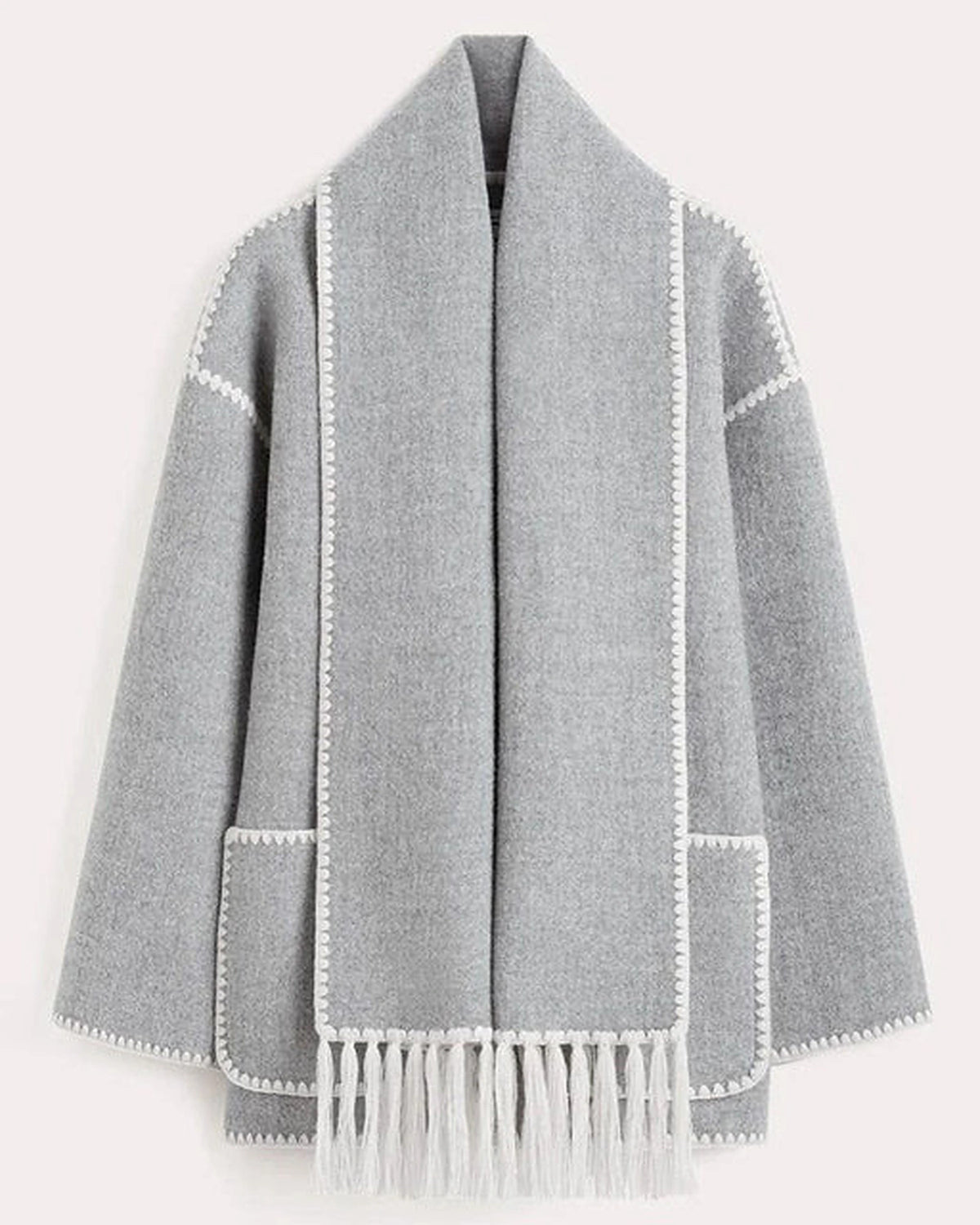 Women's Wrap Coat with Attached Scarf and Fringe Trim – Cora Jane