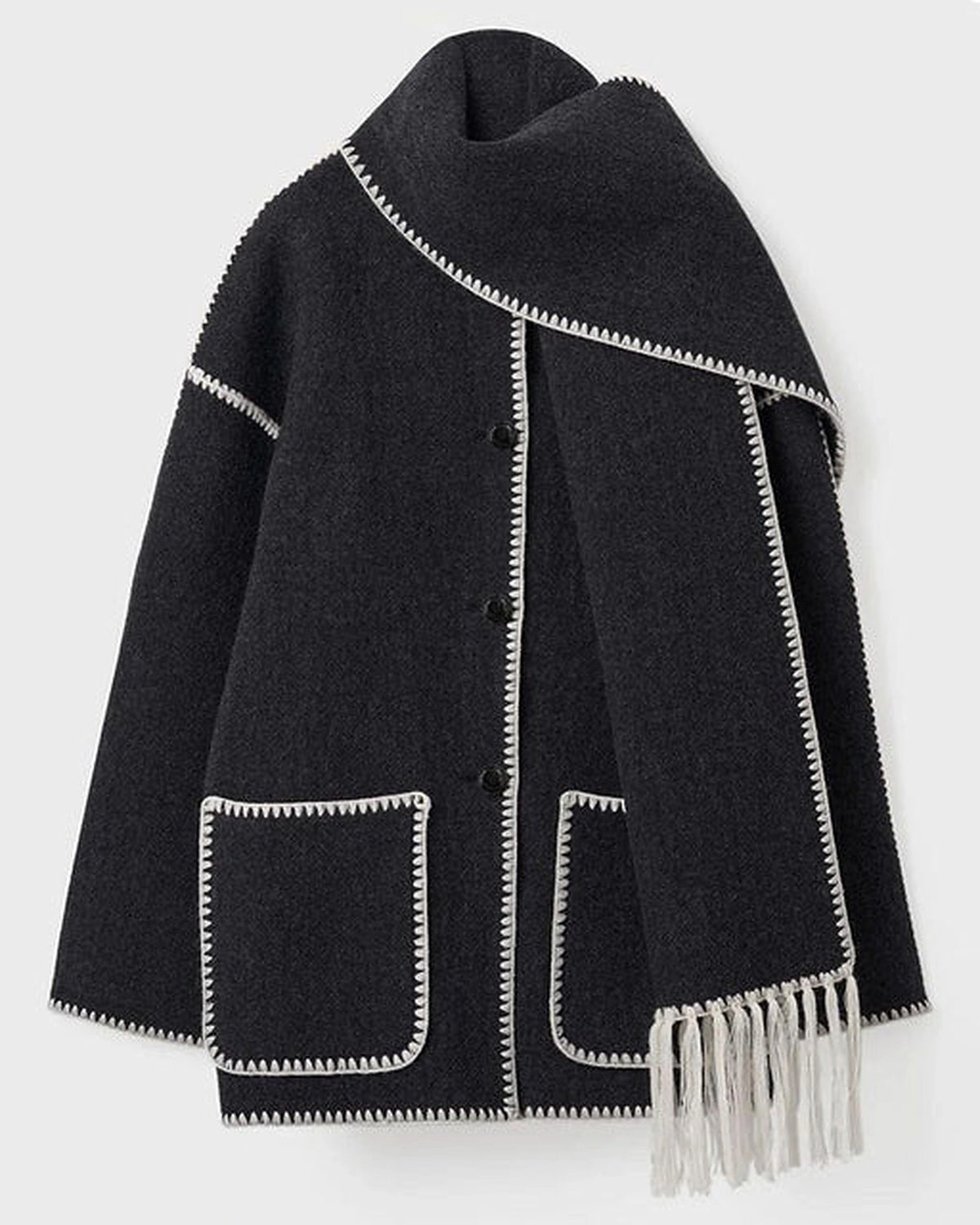 Women's Wrap Coat with Attached Scarf and Fringe Trim – Cora Jane