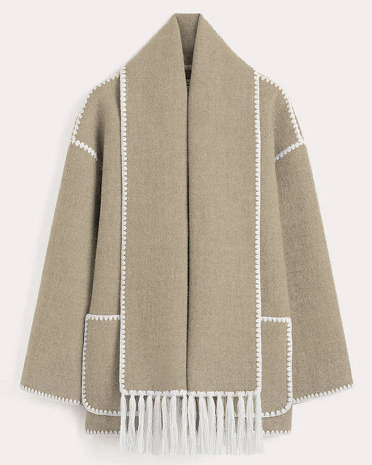 Women's Wrap Coat with Attached Scarf and Fringe Trim – Cora Jane