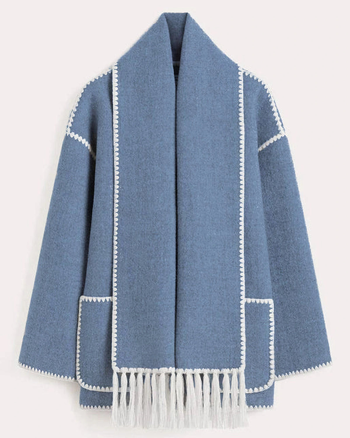 Women's Wrap Coat with Attached Scarf and Fringe Trim – Cora Jane