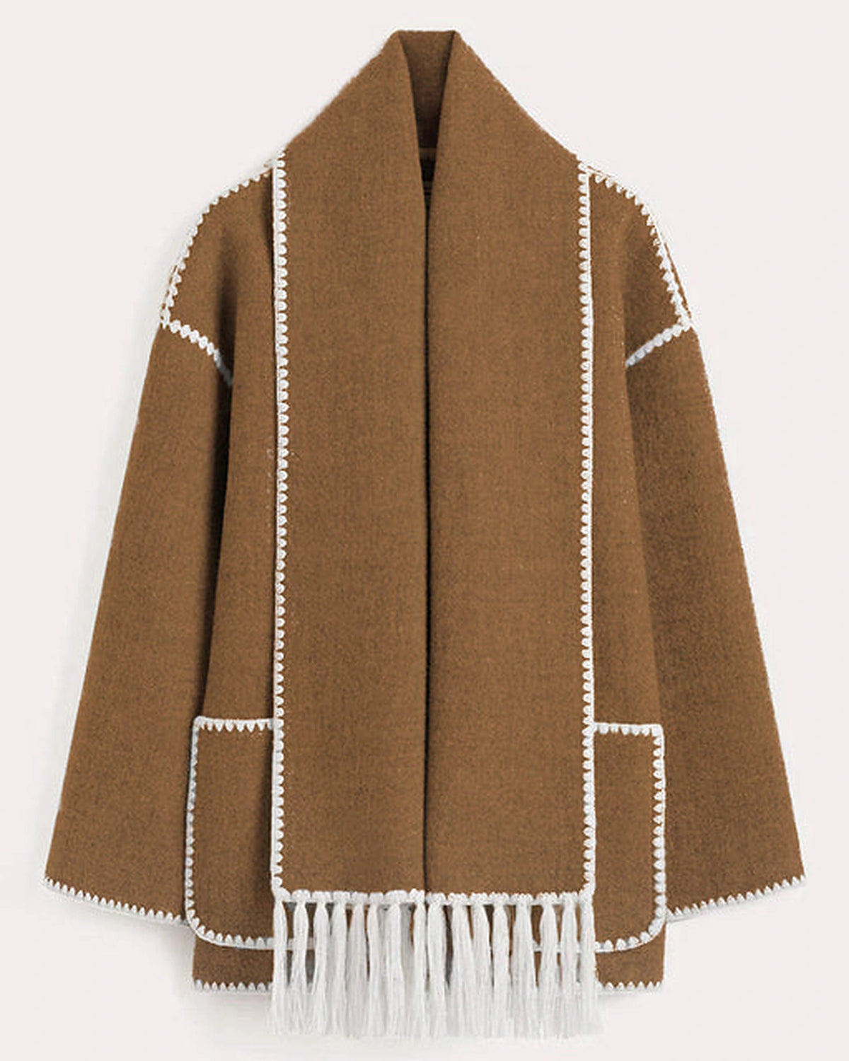 Women's Wrap Coat with Attached Scarf and Fringe Trim – Cora Jane