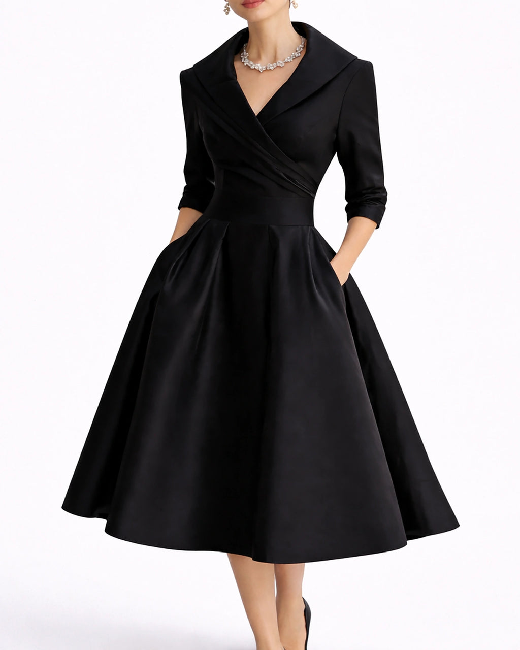 Women's Midi Dress for Wedding Guests in Satin with Wrap Shawl Collar, Three-Quarter Sleeves – Vera Rose