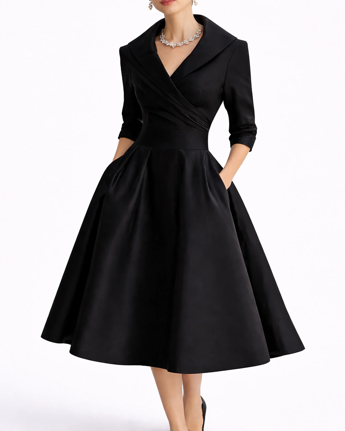Women's Midi Dress for Wedding Guests in Satin with Wrap Shawl Collar, Three-Quarter Sleeves – Vera Rose