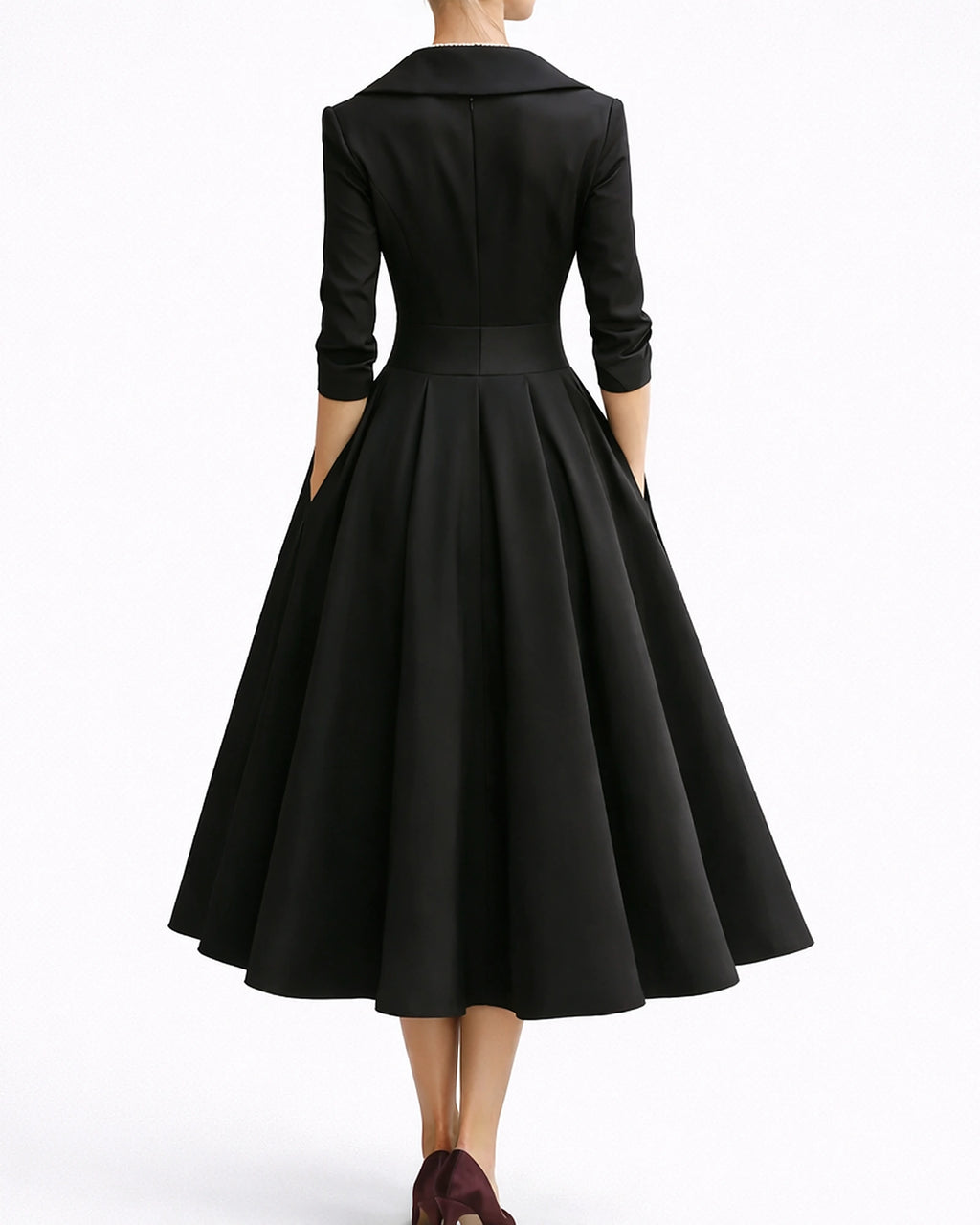 Women's Midi Dress for Wedding Guests in Satin with Wrap Shawl Collar, Three-Quarter Sleeves – Vera Rose