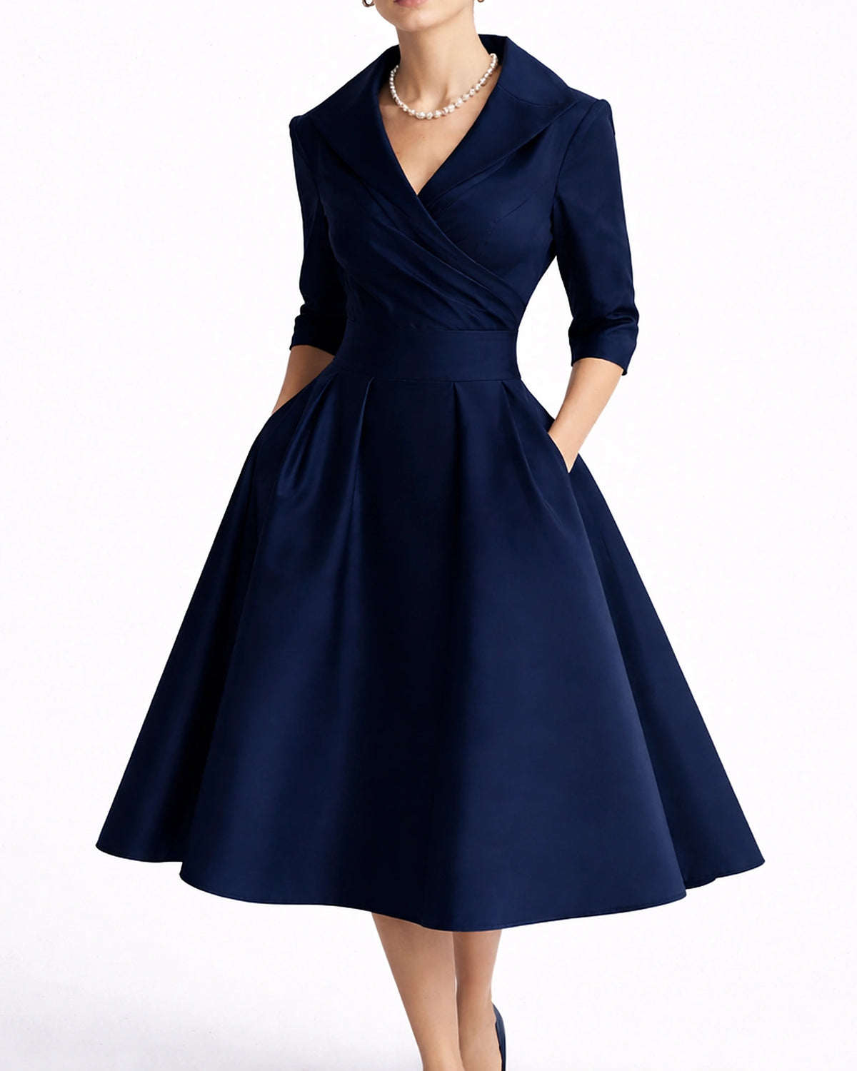 Women's Midi Dress for Wedding Guests in Satin with Wrap Shawl Collar, Three-Quarter Sleeves – Vera Rose