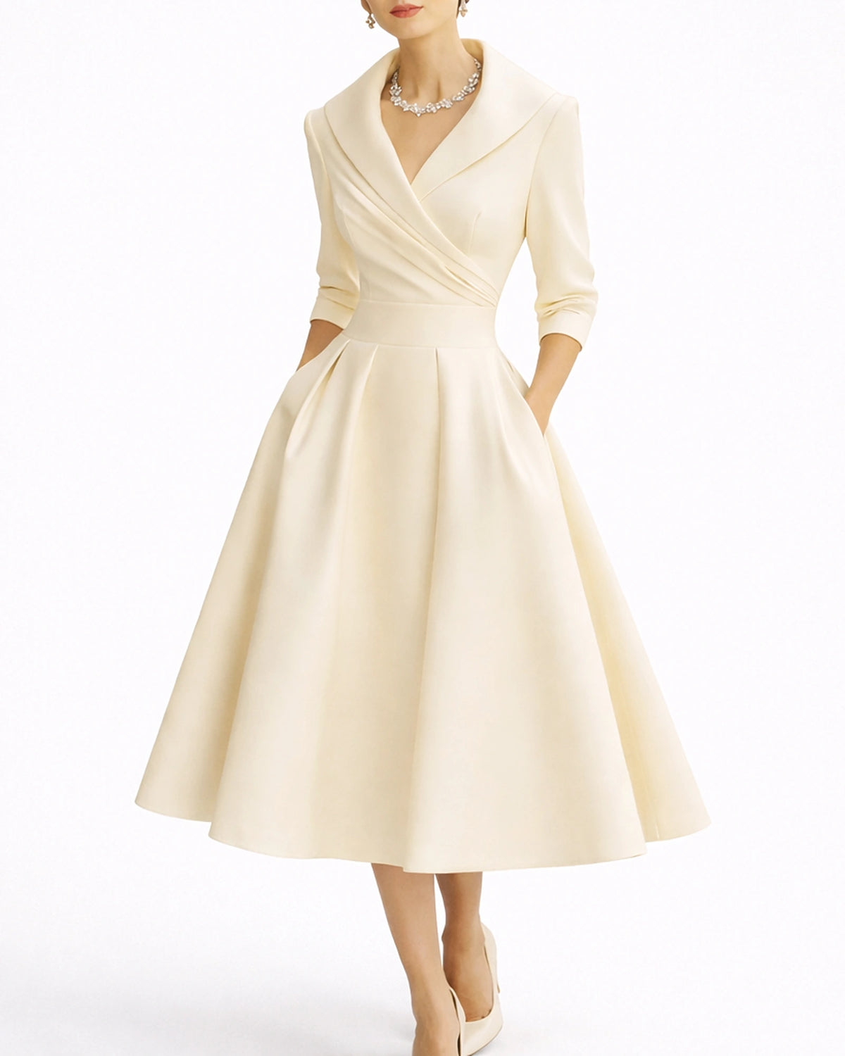 Women's Midi Dress for Wedding Guests in Satin with Wrap Shawl Collar, Three-Quarter Sleeves – Vera Rose