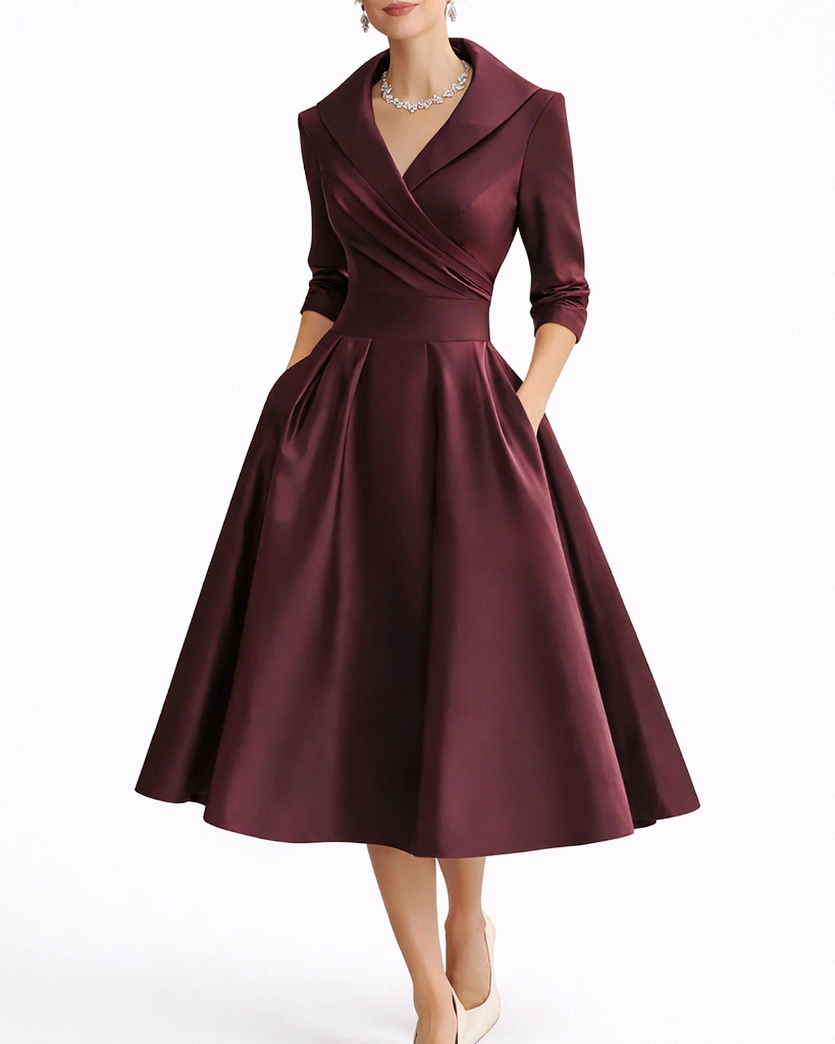 Women's Midi Dress for Wedding Guests in Satin with Wrap Shawl Collar, Three-Quarter Sleeves – Vera Rose