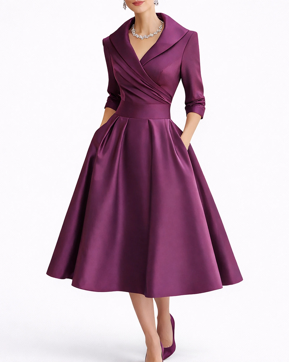 Women's Midi Dress for Wedding Guests in Satin with Wrap Shawl Collar, Three-Quarter Sleeves – Vera Rose