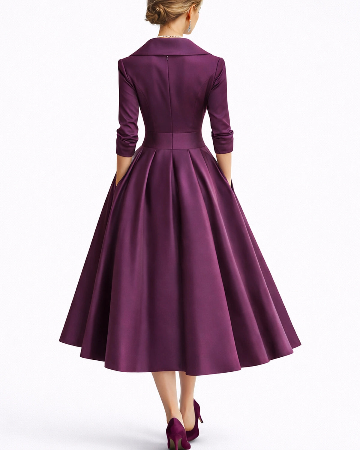 Women's Midi Dress for Wedding Guests in Satin with Wrap Shawl Collar, Three-Quarter Sleeves – Vera Rose