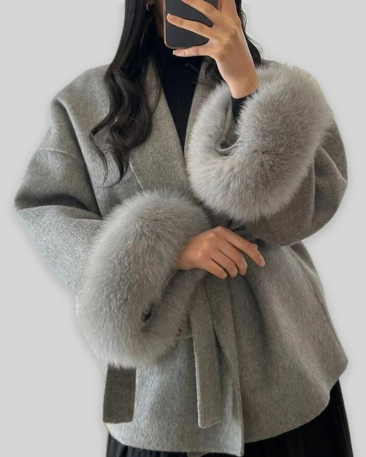 Women's Wrap Wool-Look Coat with Statement Faux Fur Cuffs – Tessa Grey