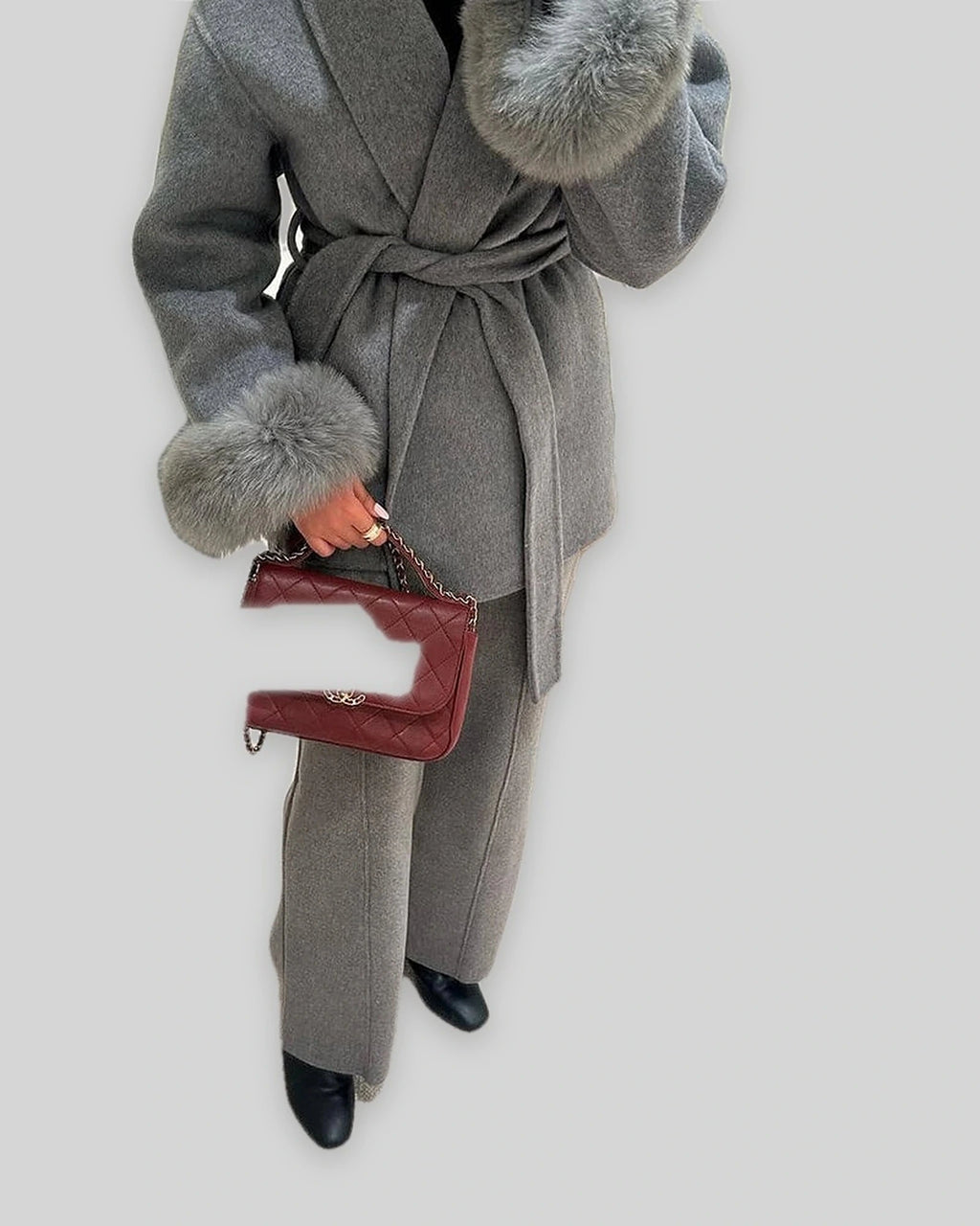 Women's Wrap Wool-Look Coat with Statement Faux Fur Cuffs – Tessa Grey