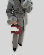 Women's Wrap Wool-Look Coat with Statement Faux Fur Cuffs – Tessa Grey