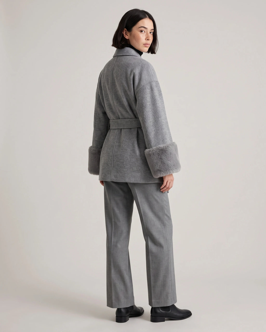 Women's Wrap Wool-Look Coat with Statement Faux Fur Cuffs – Tessa Grey