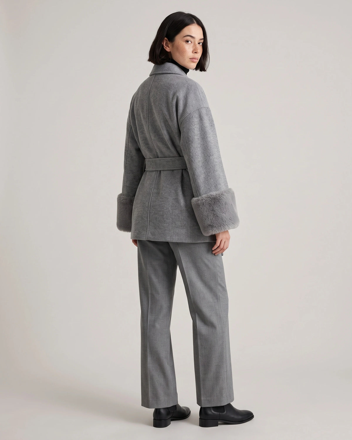 Women's Wrap Wool-Look Coat with Statement Faux Fur Cuffs – Tessa Grey