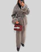 Women's Wrap Wool-Look Coat with Statement Faux Fur Cuffs – Tessa Grey
