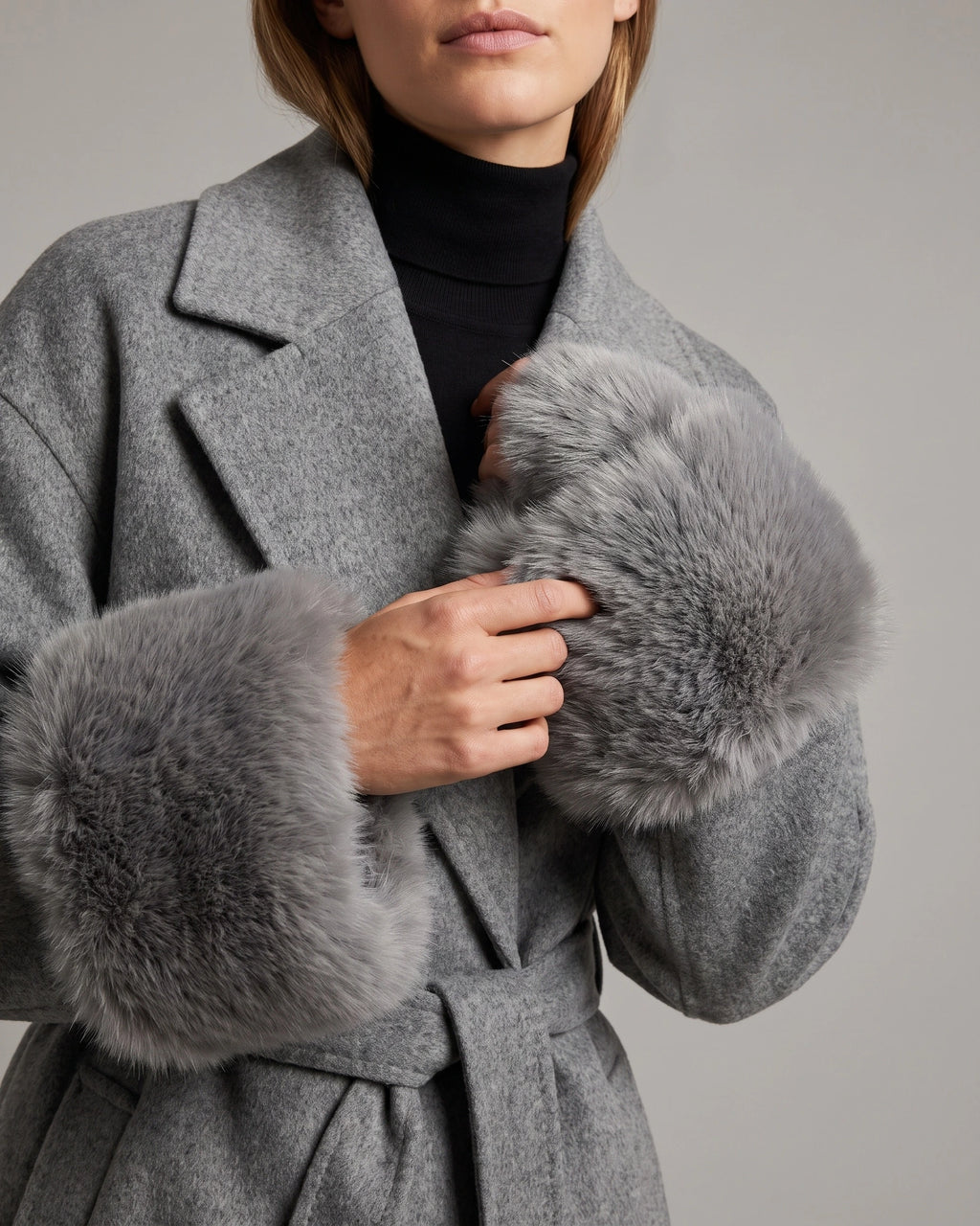 Women's Wrap Wool-Look Coat with Statement Faux Fur Cuffs – Tessa Grey