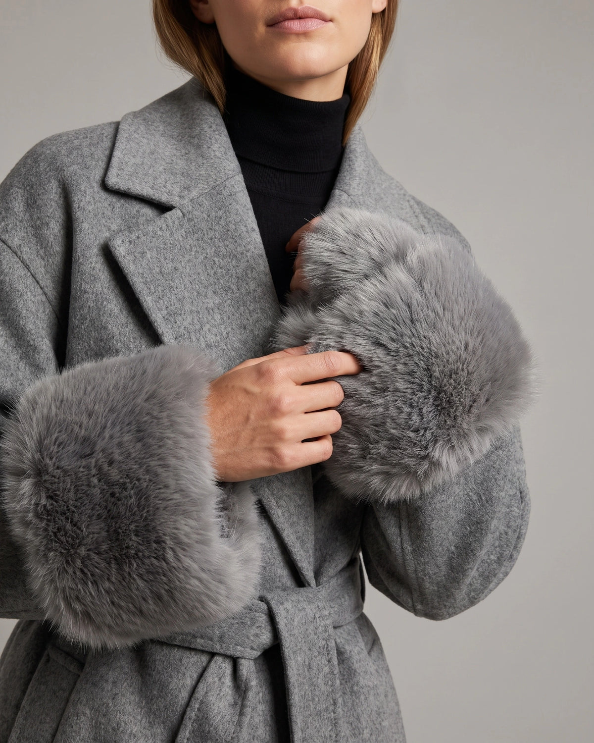 Women's Wrap Wool-Look Coat with Statement Faux Fur Cuffs – Tessa Grey
