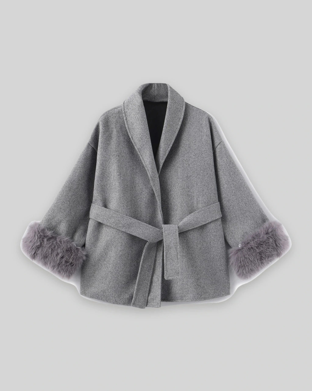 Women's Wrap Wool-Look Coat with Statement Faux Fur Cuffs – Tessa Grey