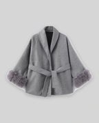 Women's Wrap Wool-Look Coat with Statement Faux Fur Cuffs – Tessa Grey