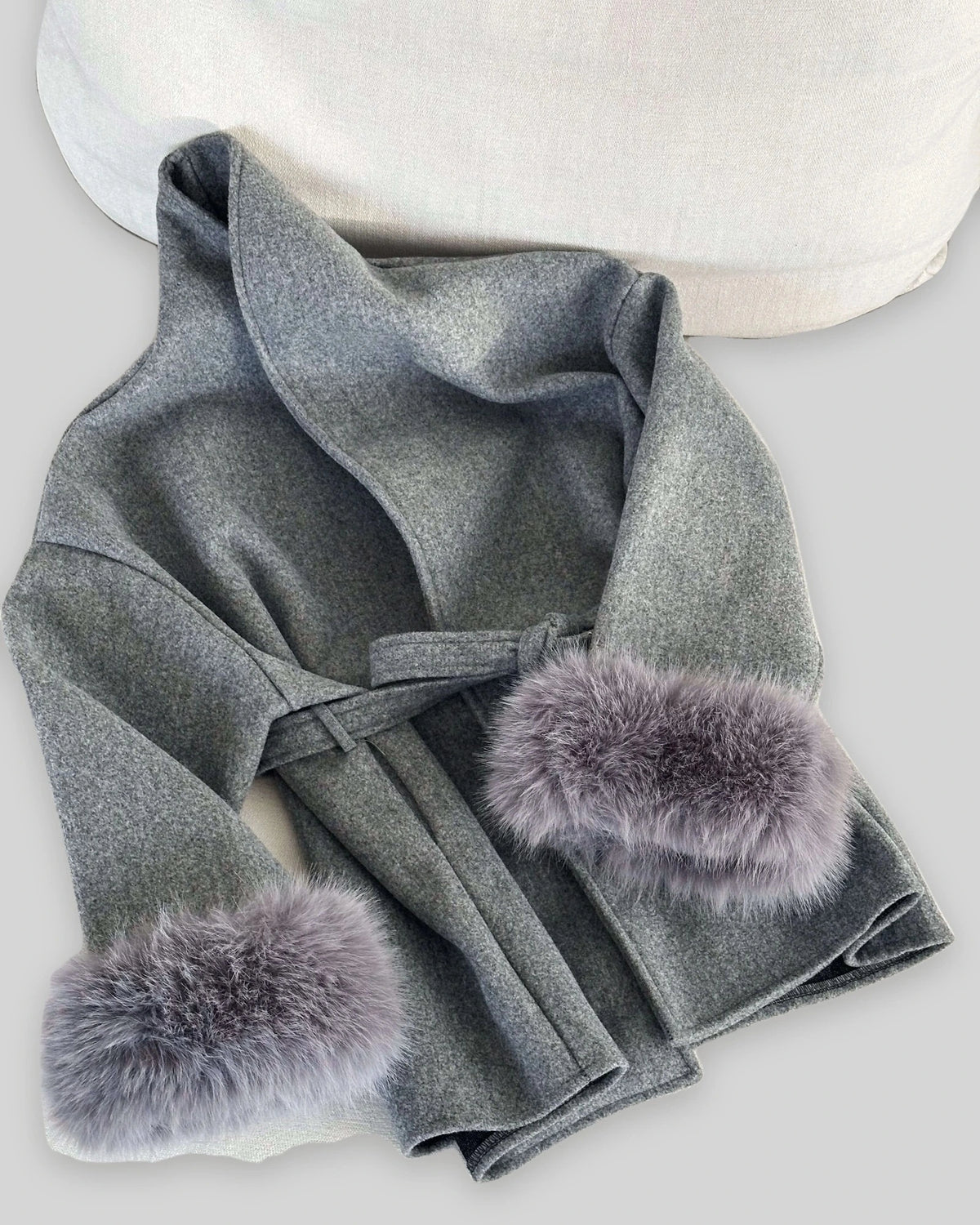 Women's Wrap Wool-Look Coat with Statement Faux Fur Cuffs – Tessa Grey