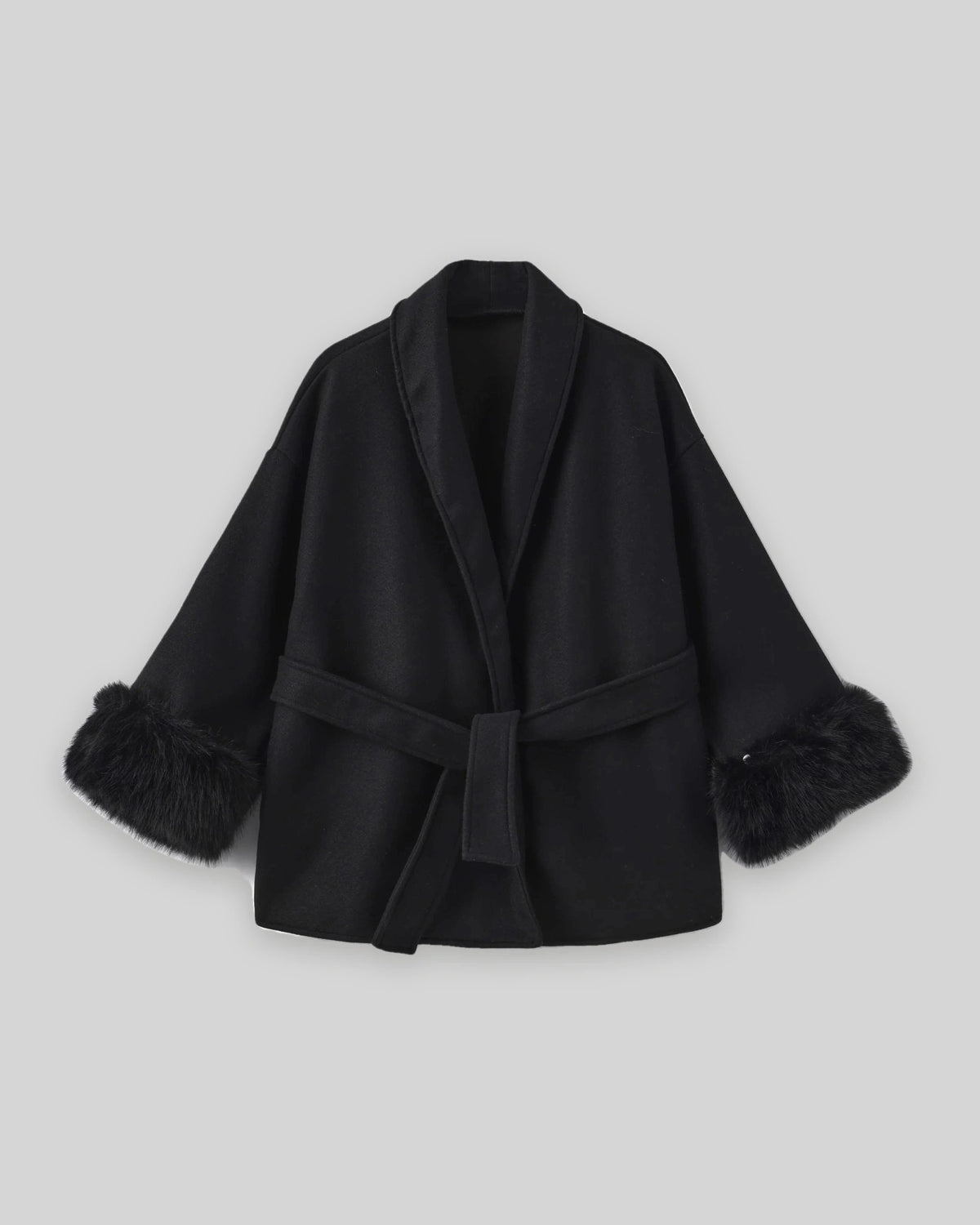 Women's Wrap Wool-Look Coat with Statement Faux Fur Cuffs – Tessa Grey