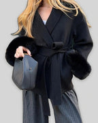 Women's Wrap Wool-Look Coat with Statement Faux Fur Cuffs – Tessa Grey