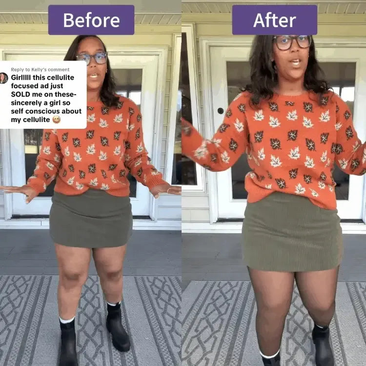 Third-party before-and-after outfit demonstration, not a Ruebloom customer testimonial