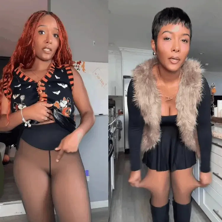 Reference demonstration of the central seam and tights styled with a dress